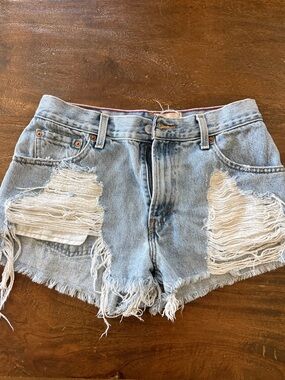 Light Blue Distressed Denim Shorts - Women